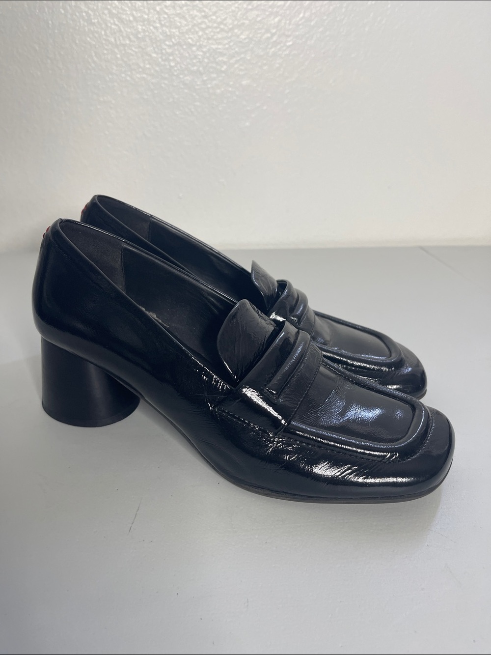 Halmanera Black Soft Patent Leather Square Toe Round Heel Loafers Size 37.5 US 7